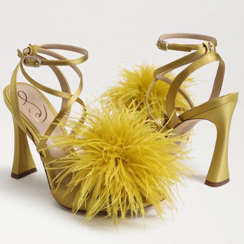 Sam Edelman Layton Feather Strappy Heels Dark Pear Statement Sandals NWT Size 5 - Picture 3 of 15